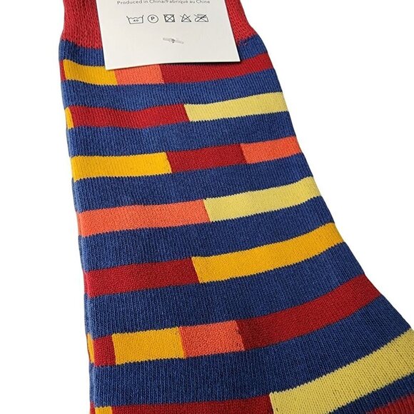 Men's Trouser Socks Red Blue Yellow Stripe Pattern 80% Cotton Size 7-13 - Picture 2 of 4